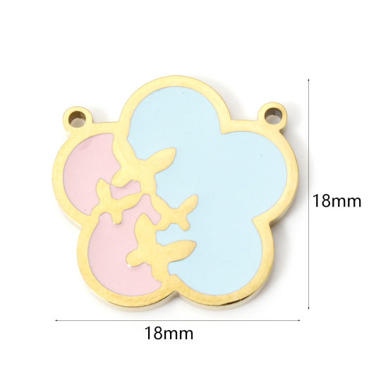 Imagen de 2 Unidades Recubrimiento al Vacío PVD Ecológico 304 Acero Inoxidable Colgantes Chapado en Oro de 18K Azul & Rosa Flor Esmalte 18mm x 18mm