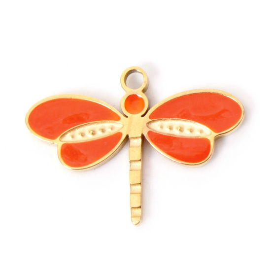 Imagen de 2 Unidades Recubrimiento al Vacío PVD Ecológico 304 Acero Inoxidable Insecto Colgantes Chapado en Oro de 18K Naranja Libélula Esmalte 16mm x 11.5mm