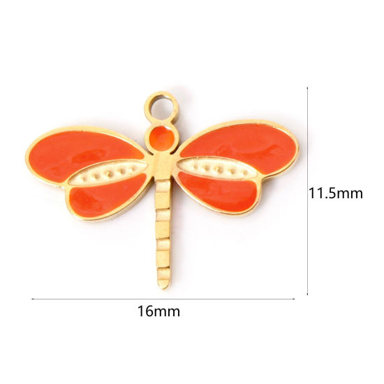 Imagen de 2 Unidades Recubrimiento al Vacío PVD Ecológico 304 Acero Inoxidable Insecto Colgantes Chapado en Oro de 18K Naranja Libélula Esmalte 16mm x 11.5mm