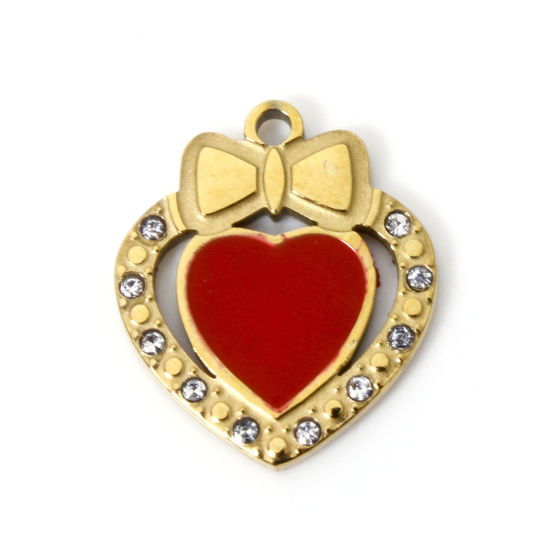 Imagen de 2 Unidades Recubrimiento al Vacío PVD Ecológico 304 Acero Inoxidable día de San Valentín Colgantes Chapado en Oro de 18K Rojo Corazón Nudo Mariposa Esmalte Transparente Rhinestone 17mm x 15mm