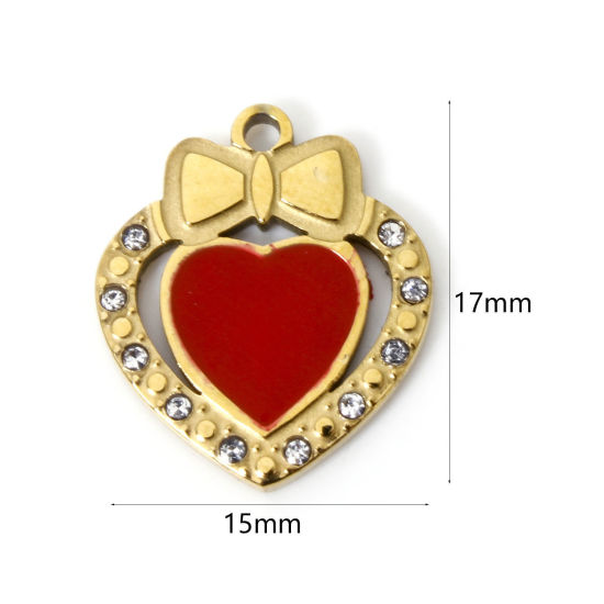 Imagen de 2 Unidades Recubrimiento al Vacío PVD Ecológico 304 Acero Inoxidable día de San Valentín Colgantes Chapado en Oro de 18K Rojo Corazón Nudo Mariposa Esmalte Transparente Rhinestone 17mm x 15mm