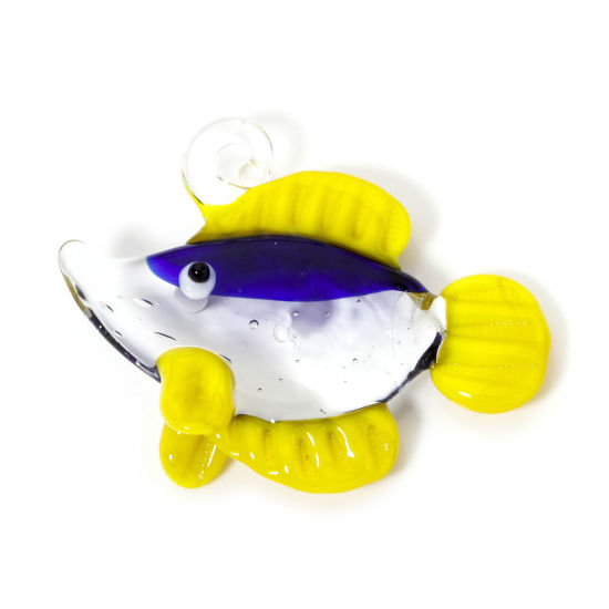 Picture of 1 Piece Lampwork Glass Ocean Jewelry Pendants Fish Animal Stripe 3D 5cm x 4cm