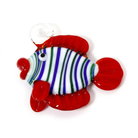 Picture of 1 Piece Lampwork Glass Ocean Jewelry Pendants Fish Animal Stripe 3D 5cm x 4cm