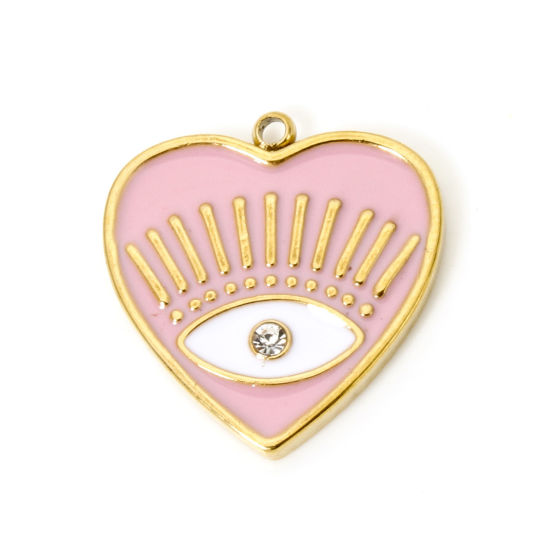 Picture of 1 Piece Eco-friendly PVD Vacuum Plating 304 Stainless Steel Religious Charms 18K Real Gold Plated Pink Heart Eye of Providence/ All-seeing Eye Enamel Clear Rhinestone 19.5mm x 18mm