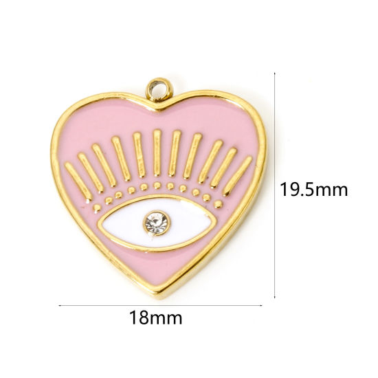 Picture of 1 Piece Eco-friendly PVD Vacuum Plating 304 Stainless Steel Religious Charms 18K Real Gold Plated Pink Heart Eye of Providence/ All-seeing Eye Enamel Clear Rhinestone 19.5mm x 18mm