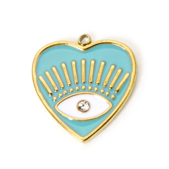 Picture of 1 Piece Eco-friendly PVD Vacuum Plating 304 Stainless Steel Religious Charms 18K Real Gold Plated Green Blue Heart Eye of Providence/ All-seeing Eye Enamel Clear Rhinestone 19.5mm x 18mm