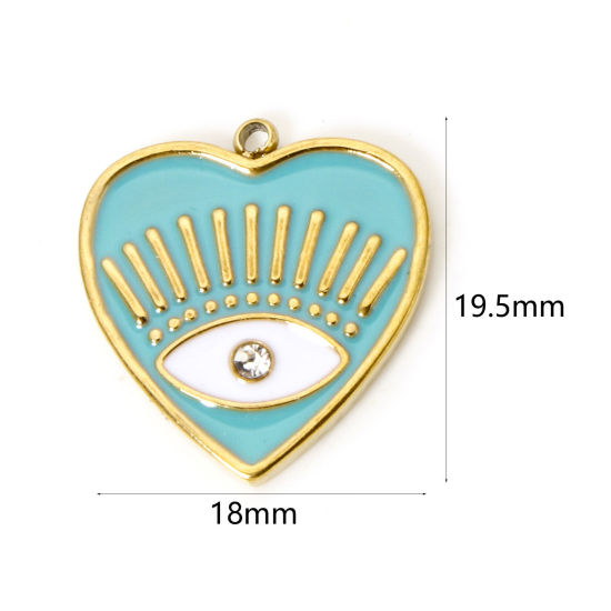 Picture of 1 Piece Eco-friendly PVD Vacuum Plating 304 Stainless Steel Religious Charms 18K Real Gold Plated Green Blue Heart Eye of Providence/ All-seeing Eye Enamel Clear Rhinestone 19.5mm x 18mm