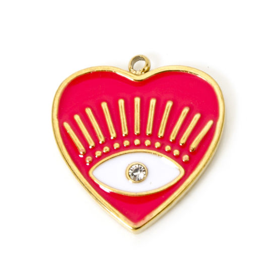 Picture of 1 Piece Eco-friendly PVD Vacuum Plating 304 Stainless Steel Religious Charms 18K Real Gold Plated Fuchsia Heart Eye of Providence/ All-seeing Eye Enamel Clear Rhinestone 19.5mm x 18mm