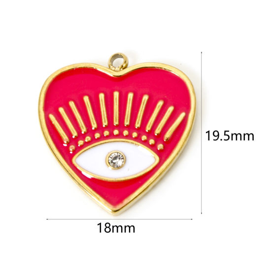 Picture of 1 Piece Eco-friendly PVD Vacuum Plating 304 Stainless Steel Religious Charms 18K Real Gold Plated Fuchsia Heart Eye of Providence/ All-seeing Eye Enamel Clear Rhinestone 19.5mm x 18mm