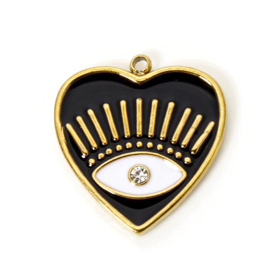 Picture of 1 Piece Eco-friendly PVD Vacuum Plating 304 Stainless Steel Religious Charms 18K Real Gold Plated Black Heart Eye of Providence/ All-seeing Eye Enamel Clear Rhinestone 19.5mm x 18mm