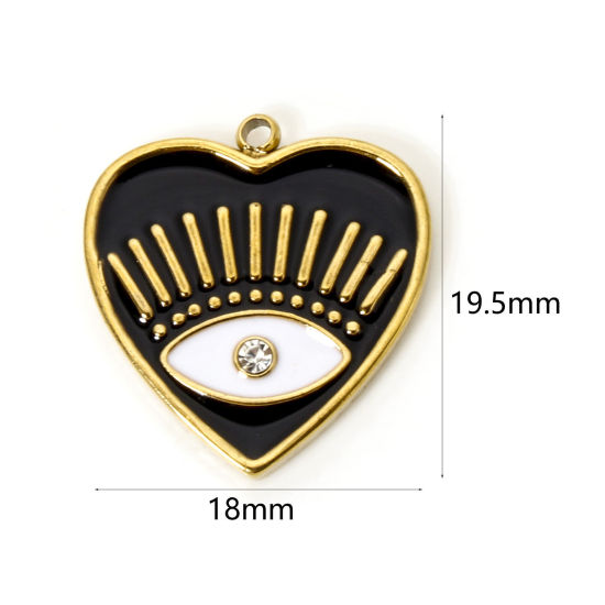 Picture of 1 Piece Eco-friendly PVD Vacuum Plating 304 Stainless Steel Religious Charms 18K Real Gold Plated Black Heart Eye of Providence/ All-seeing Eye Enamel Clear Rhinestone 19.5mm x 18mm