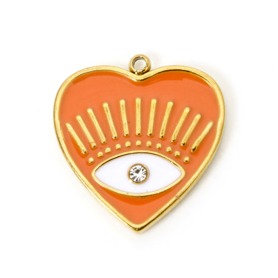 Picture of 1 Piece Eco-friendly PVD Vacuum Plating 304 Stainless Steel Religious Charms 18K Real Gold Plated Orange Heart Eye of Providence/ All-seeing Eye Enamel Clear Rhinestone 19.5mm x 18mm