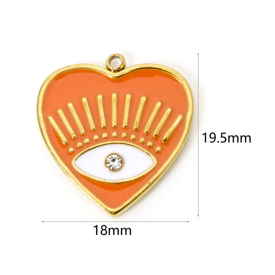 Picture of 1 Piece Eco-friendly PVD Vacuum Plating 304 Stainless Steel Religious Charms 18K Real Gold Plated Orange Heart Eye of Providence/ All-seeing Eye Enamel Clear Rhinestone 19.5mm x 18mm