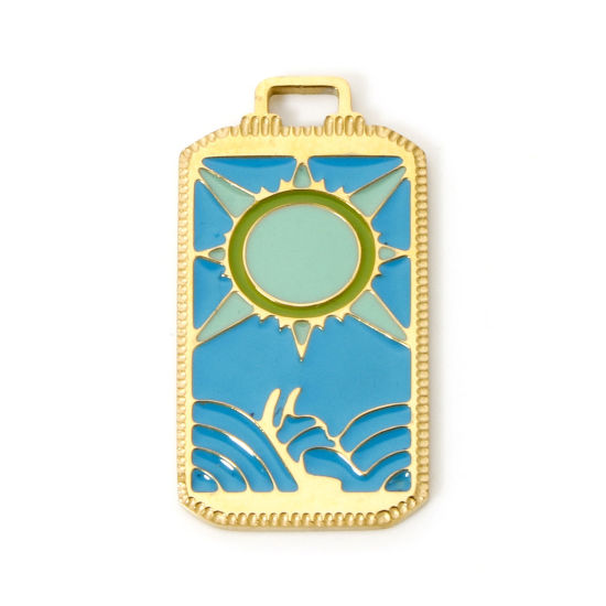 Изображение 1 ШТ Экологически чистое вакуумное покрытие 304 Нержавеющая Сталь Таро Подвески Прямоугольник 18K настоящее золото с покрытием Солнце С Эмалью 25.5мм x 14мм