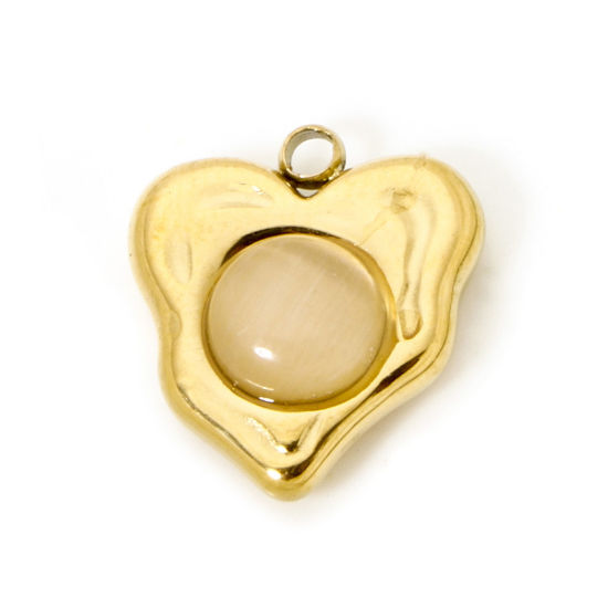 Picture of 1 Piece Eco-friendly Vacuum Plating 304 Stainless Steel Charms 18K Real Gold Plated Beige Heart With Synthetic Gemstone Cabochons 14mm x 13mm