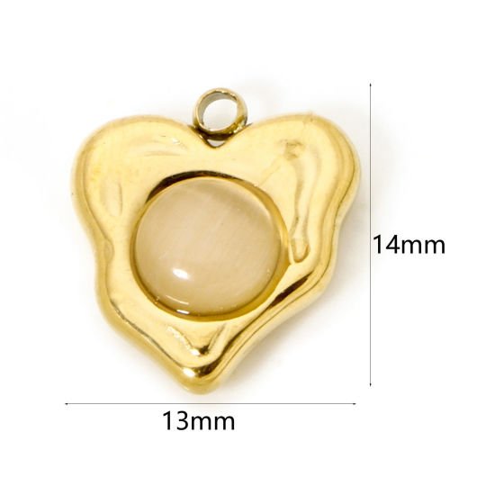 Picture of 1 Piece Eco-friendly Vacuum Plating 304 Stainless Steel Charms 18K Real Gold Plated Beige Heart With Synthetic Gemstone Cabochons 14mm x 13mm