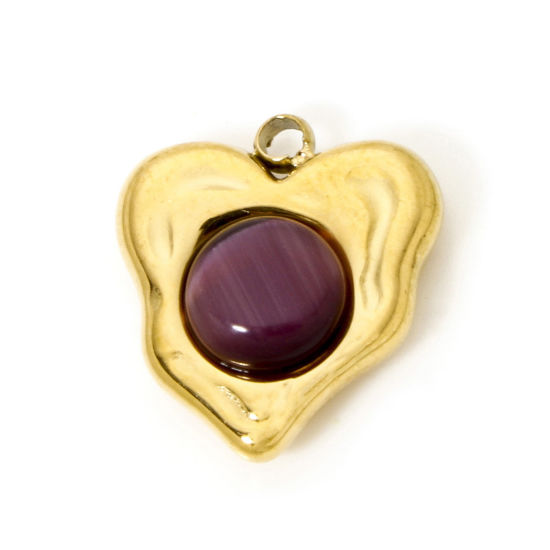 Picture of 1 Piece Eco-friendly Vacuum Plating 304 Stainless Steel Charms 18K Real Gold Plated Dark Purple Heart With Synthetic Gemstone Cabochons 14mm x 13mm