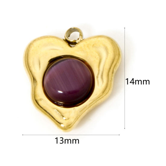 Picture of 1 Piece Eco-friendly Vacuum Plating 304 Stainless Steel Charms 18K Real Gold Plated Dark Purple Heart With Synthetic Gemstone Cabochons 14mm x 13mm