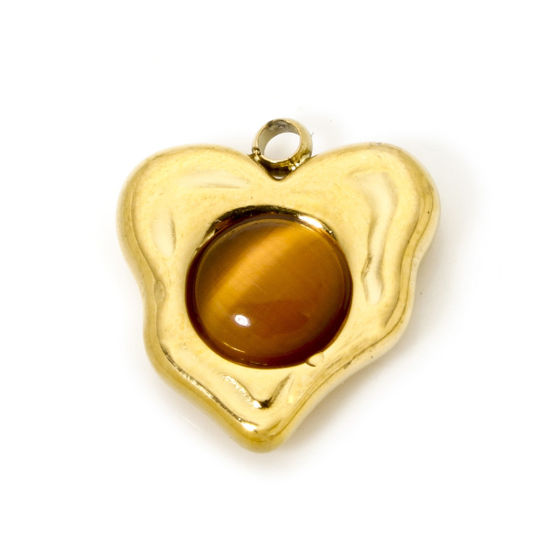 Picture of 1 Piece Eco-friendly Vacuum Plating 304 Stainless Steel Charms 18K Real Gold Plated Coffee Heart With Synthetic Gemstone Cabochons 14mm x 13mm