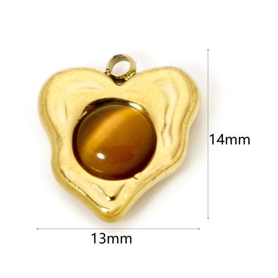 Picture of 1 Piece Eco-friendly Vacuum Plating 304 Stainless Steel Charms 18K Real Gold Plated Coffee Heart With Synthetic Gemstone Cabochons 14mm x 13mm