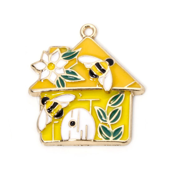 Picture of 10 PCs Zinc Based Alloy Insect Charms Gold Plated Yellow House Bee Enamel 30mm x 27.5mm