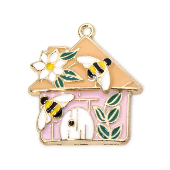 Picture of 10 PCs Zinc Based Alloy Insect Charms Gold Plated Pink House Bee Enamel 30mm x 27.5mm