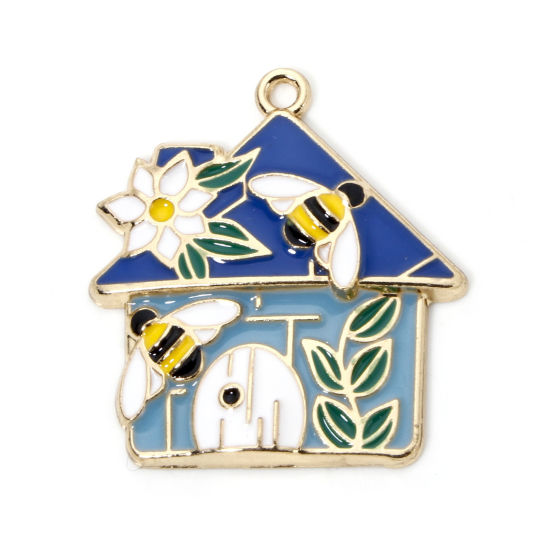 Picture of 10 PCs Zinc Based Alloy Insect Charms Gold Plated Blue House Bee Enamel 30mm x 27.5mm