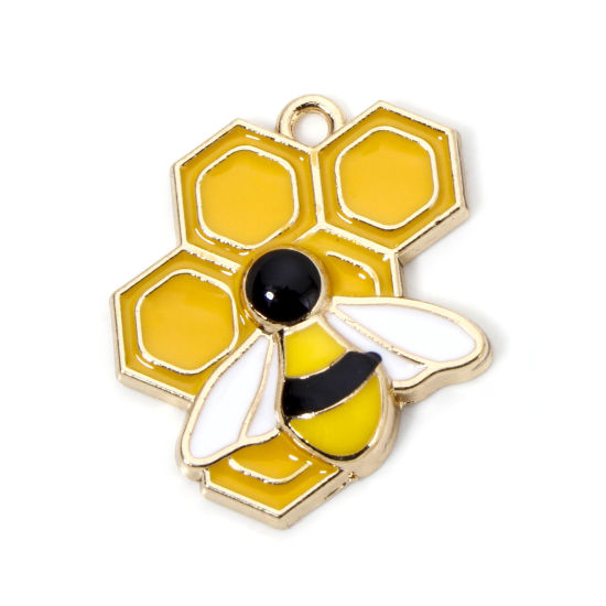 Picture of 10 PCs Zinc Based Alloy Insect Charms Gold Plated Yellow Dainty Beehive Bee Enamel 25mm x 21mm