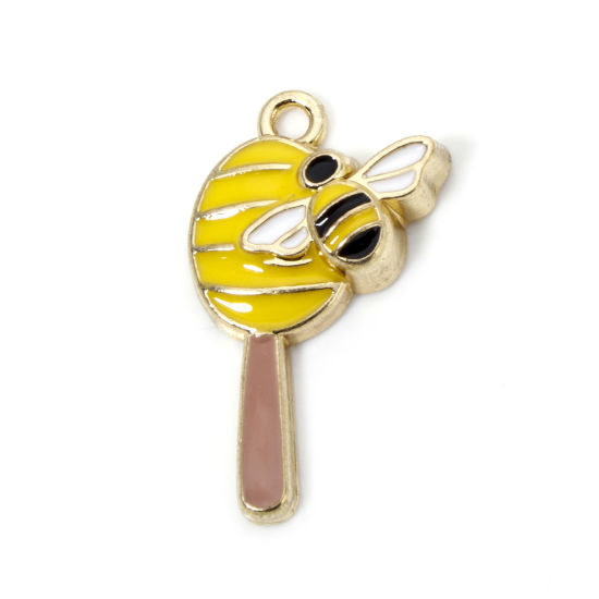 Picture of 10 PCs Zinc Based Alloy Insect Charms Gold Plated Yellow Bar Bee Enamel 26mm x 15mm