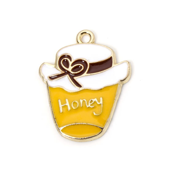 Picture of 10 PCs Zinc Based Alloy Insect Charms Gold Plated Yellow Pot Hat Message " Honey " Enamel 25mm x 20mm