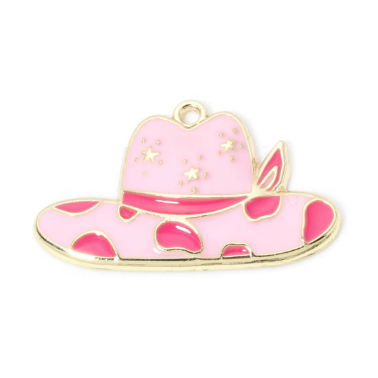 Picture of 10 PCs Zinc Based Alloy West Cowboy Pendants Gold Plated Pink Hat Star Enamel 3.4cm x 2.1cm