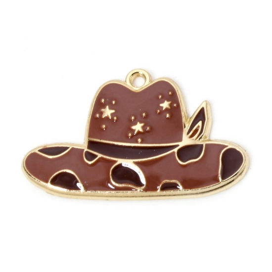 Picture of 10 PCs Zinc Based Alloy West Cowboy Pendants Gold Plated Coffee Hat Star Enamel 3.4cm x 2.1cm