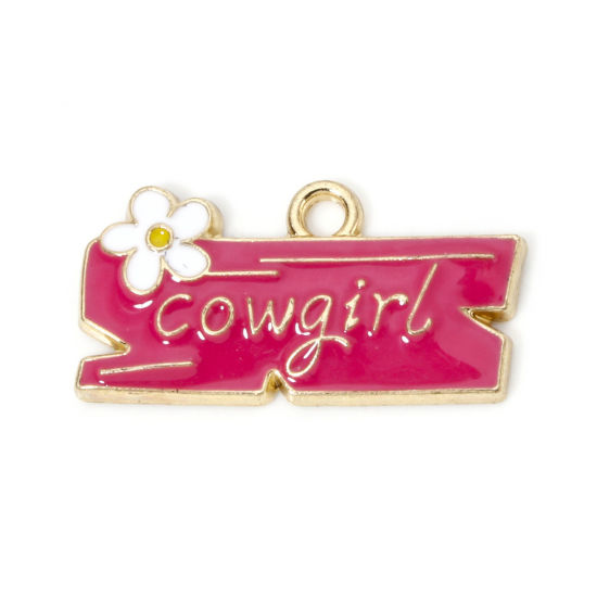 Picture of 10 PCs Zinc Based Alloy West Cowboy Charms Gold Plated Fuchsia Rectangle Message " Cowgirl " Enamel 23mm x 12mm