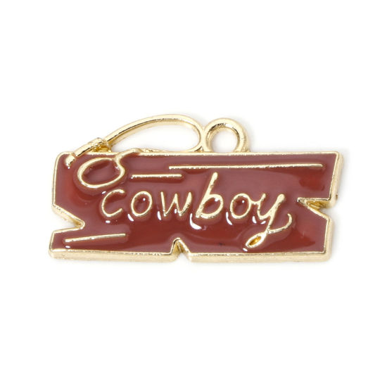 Picture of 10 PCs Zinc Based Alloy West Cowboy Charms Gold Plated Coffee Rectangle Message " Cowboy " Enamel 23mm x 12mm