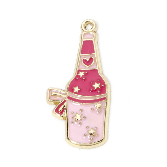 Picture of 10 PCs Zinc Based Alloy West Cowboy Pendants Gold Plated Pink Wine Bottle Star Enamel 3.5cm x 1.6cm