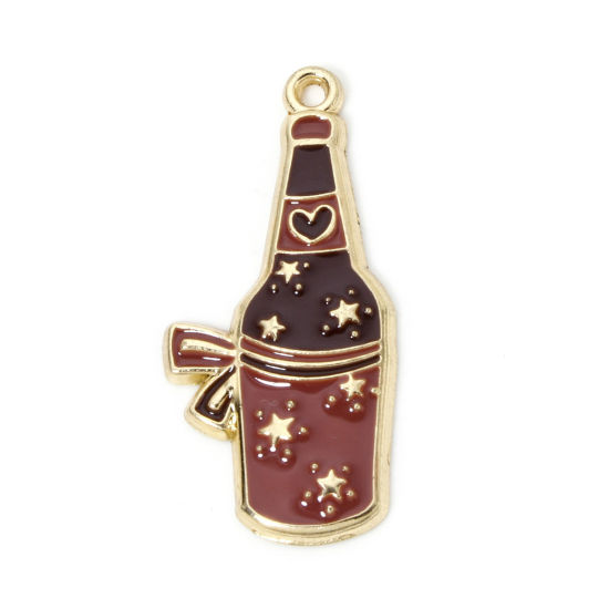 Picture of 10 PCs Zinc Based Alloy West Cowboy Pendants Gold Plated Coffee Wine Bottle Star Enamel 3.5cm x 1.6cm