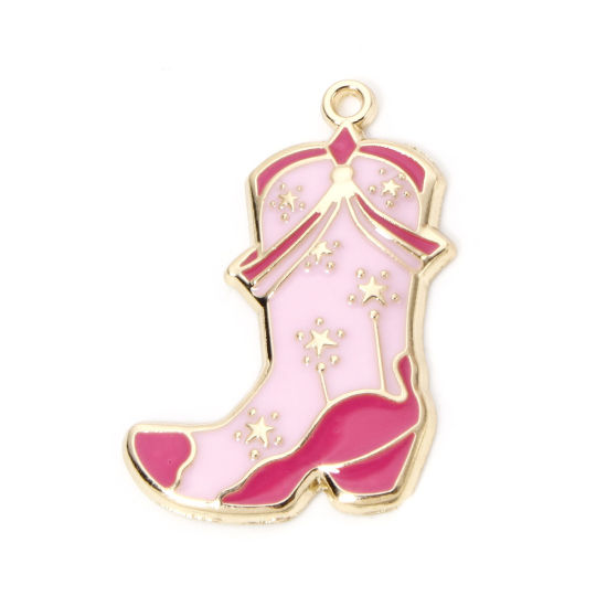 Picture of 10 PCs Zinc Based Alloy West Cowboy Pendants Gold Plated Pink Boots Star Enamel 3.4cm x 2.5cm