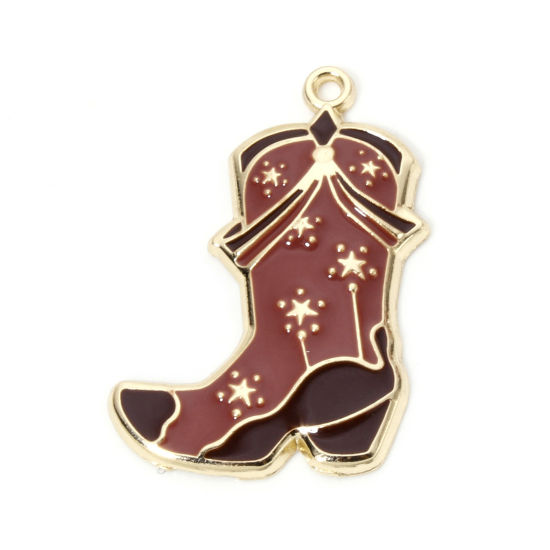 Picture of 10 PCs Zinc Based Alloy West Cowboy Pendants Gold Plated Coffee Boots Star Enamel 3.4cm x 2.5cm