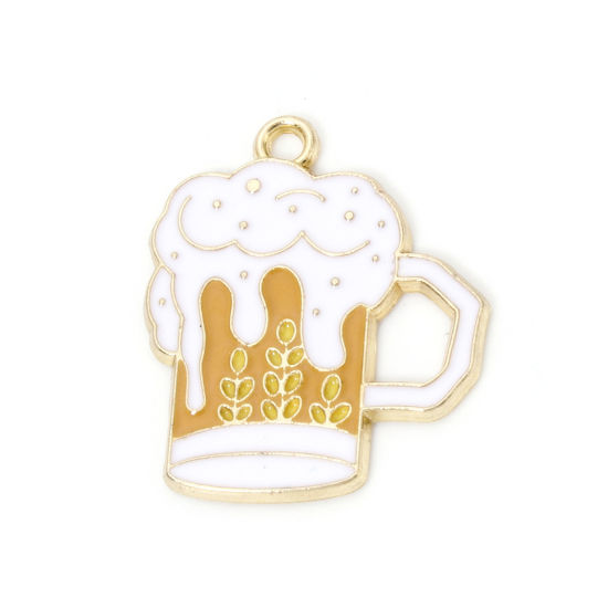 Picture of 10 PCs Zinc Based Alloy Charms Gold Plated Yellow Beer Mug Enamel 24mm x 20mm