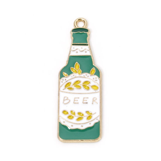 Picture of 10 PCs Zinc Based Alloy Charms Gold Plated Green Beer Bottle Enamel 3.7cm x 1.2cm