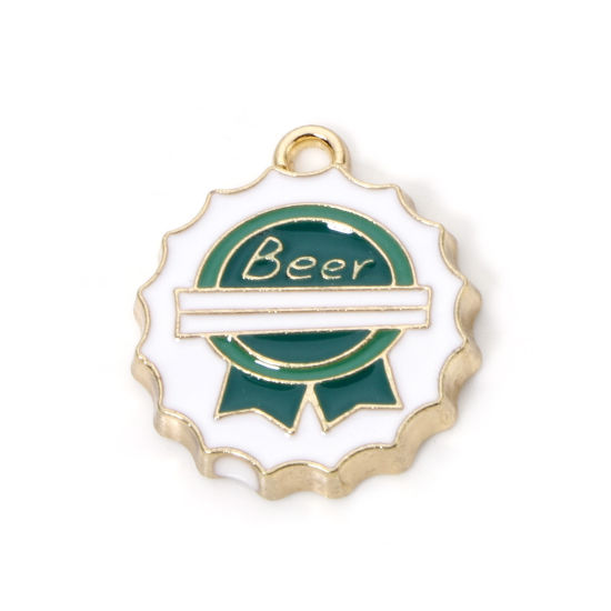 Picture of 10 PCs Zinc Based Alloy Charms Gold Plated Green Bottle Cap Message " BEER " Enamel 20mm x 17.5mm