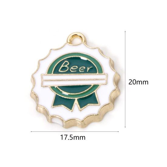 Picture of 10 PCs Zinc Based Alloy Charms Gold Plated Green Bottle Cap Message " BEER " Enamel 20mm x 17.5mm