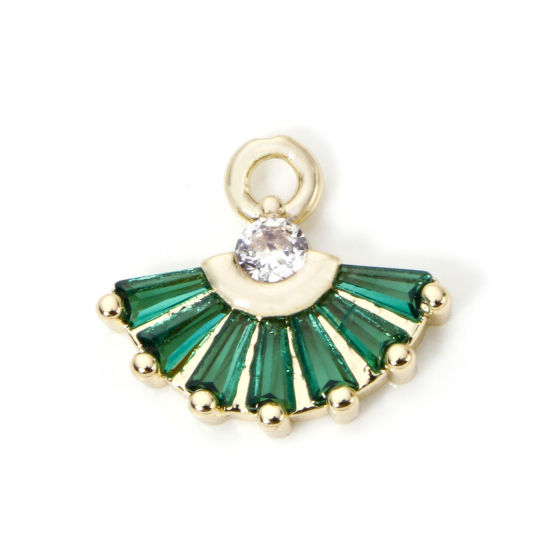 Picture of 2 PCs Brass & Glass Charms 18K Gold Plated Green Fan-shaped Clear Rhinestone 14mm x 13mm