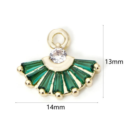 Picture of 2 PCs Brass & Glass Charms 18K Gold Plated Green Fan-shaped Clear Rhinestone 14mm x 13mm