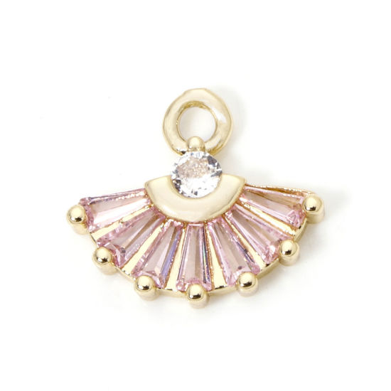 Picture of 2 PCs Brass & Glass Charms 18K Gold Plated Pink Fan-shaped Clear Rhinestone 14mm x 13mm