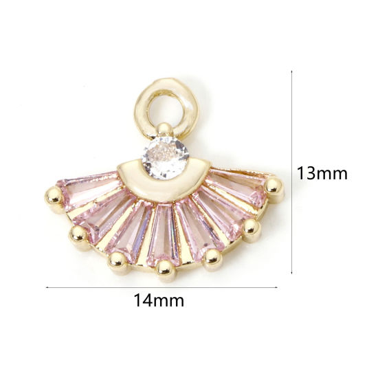 Picture of 2 PCs Brass & Glass Charms 18K Gold Plated Pink Fan-shaped Clear Rhinestone 14mm x 13mm