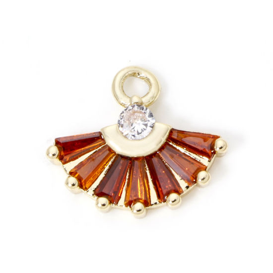 Picture of 2 PCs Brass & Glass Charms 18K Gold Plated Amber Fan-shaped Clear Rhinestone 14mm x 13mm