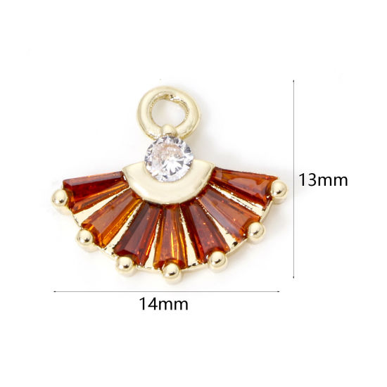 Picture of 2 PCs Brass & Glass Charms 18K Gold Plated Amber Fan-shaped Clear Rhinestone 14mm x 13mm