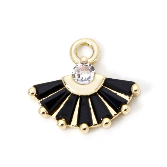 Picture of 2 PCs Brass & Glass Charms 18K Gold Plated Black Fan-shaped Clear Rhinestone 14mm x 13mm