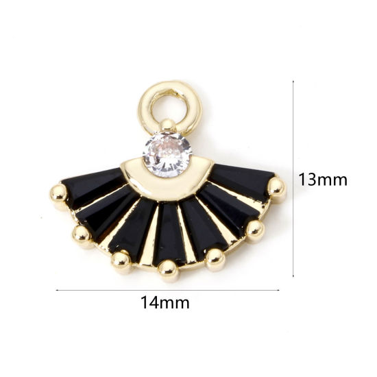 Picture of 2 PCs Brass & Glass Charms 18K Gold Plated Black Fan-shaped Clear Rhinestone 14mm x 13mm